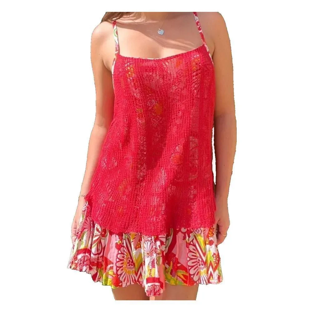 FREE PEOPLE red knit floral pleated tunic short dress size Small